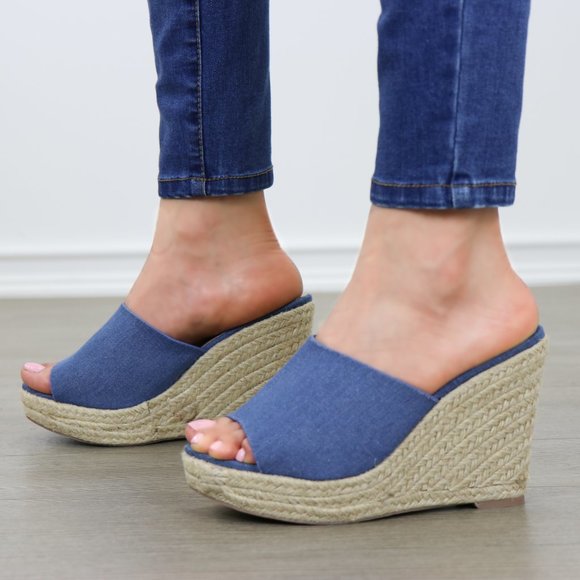 Blue Denim Slip On Espadrille Wedge Sandals - Picture 8 of 9